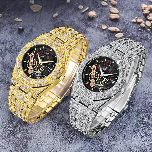Luckacco Luxury Genuine Brand Watches For Men Hip Hop Diamond Fashion Alloy Band Date Vintage Skeleton Designer Quartz Watch Montre Homme