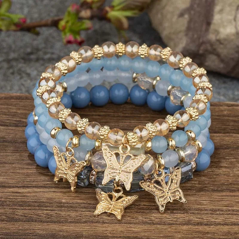 luckacco 4pcs trendy butterfly beaded bracelet set for women pink acrylic beads elastic chain bangle female bohemian party jewelry gift