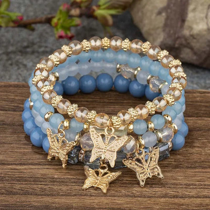 Luckacco 4Pcs Trendy Butterfly Beaded Bracelet Set For Women Pink Acrylic Beads Elastic Chain Bangle Female Bohemian Party Jewelry Gift