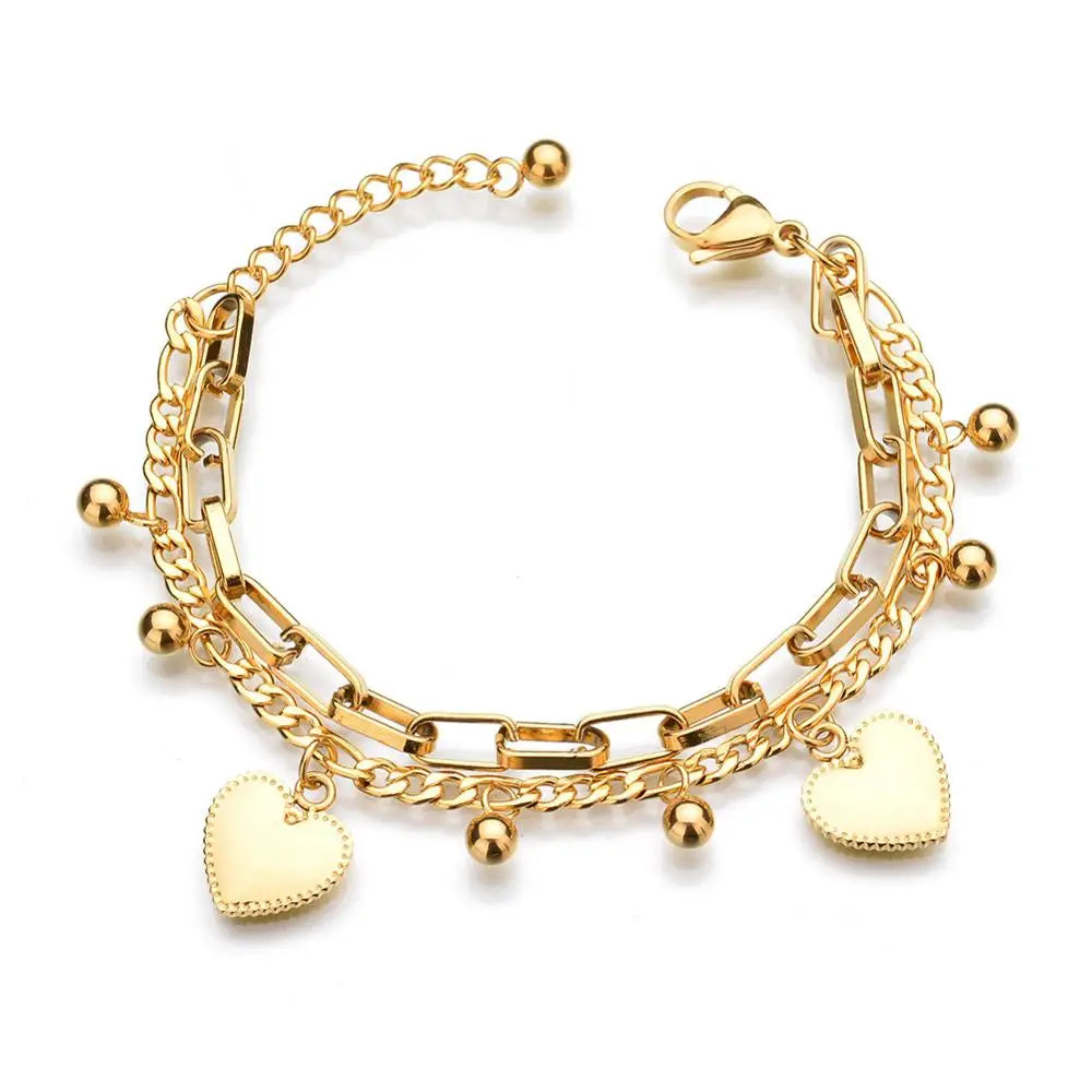 luckacco punk double layer love heart charm bracelet female 19cm gold silver color stainless steel chain link bracelets for women jewelry