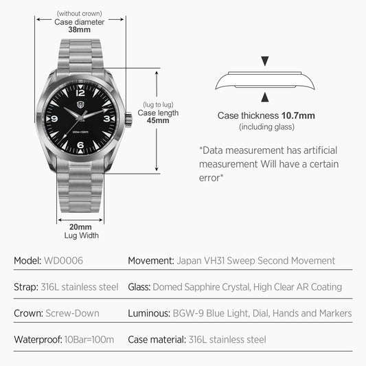 Luckacco Watchdives WD0006B Watch VH31 Sweep Second Movement Domed Sapphire Crystal BGW9 Luminous 10Bar Waterproof 38mm Vintage Watches