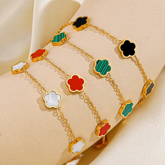 Luckacco Lucky Cute Colorful Five-Leaved Flower Stainless Steel Bracelets for Women Fashion Light Luxury Paty Jewelry Gifts