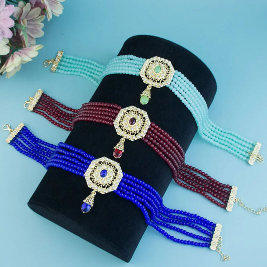 Luckacco Sunspicems Chic Morocco Jewelry Bead Chain Choker Necklace For Women Gold Color Square Mesh Pendnat Arabic Bridal Wedding Bijoux