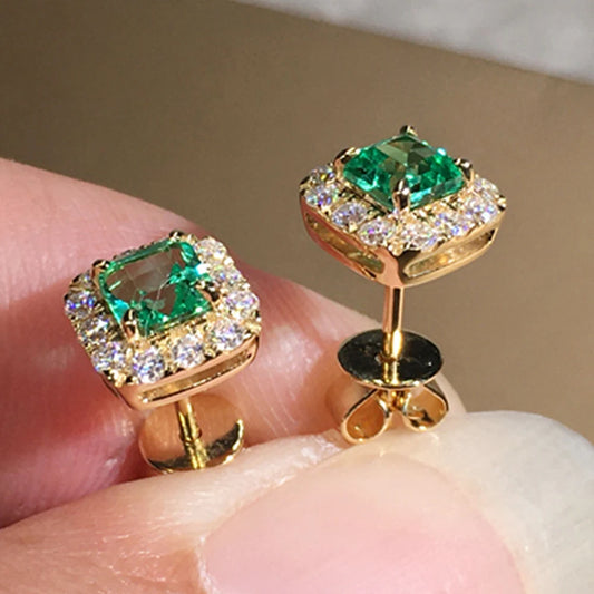 Luckacco daily picks Eternity Green CZ Stud Earrings for Women Gold Color Luxury Bride Wedding Earrings Elegant Ear Accessories Party Jewelry