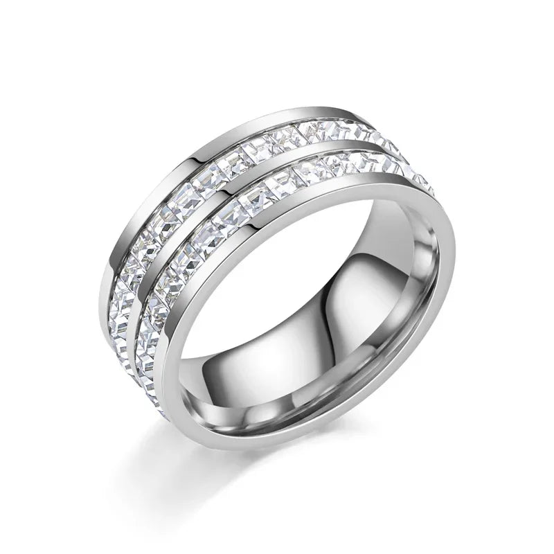 luckacco 1 and 2 rows stones ring for women quality silver rose gold color stainless steel wedding ring