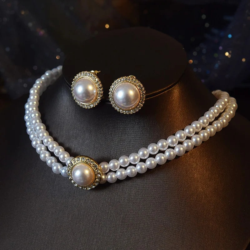 luckacco women elegant pearl double layers necklace earrings exquisite vintage classic chains for lady party wedding retro jewelry choker