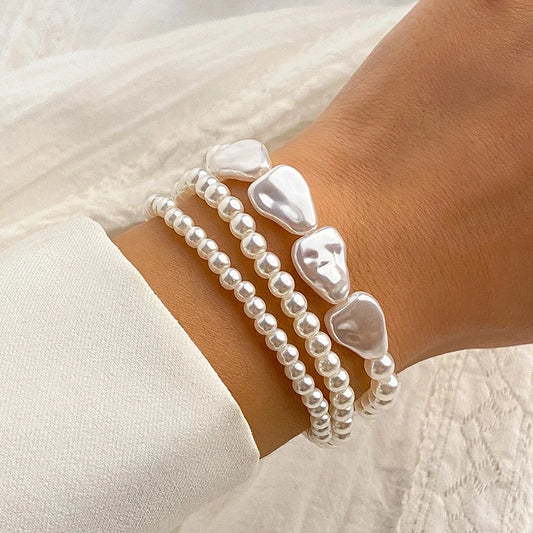 Luckacco 3pcs/Set Boho Elegant Multilayer White Imitation Pearl Chain Bracelet Accessories For Women Wedding Vacation Gift Jewelry B061