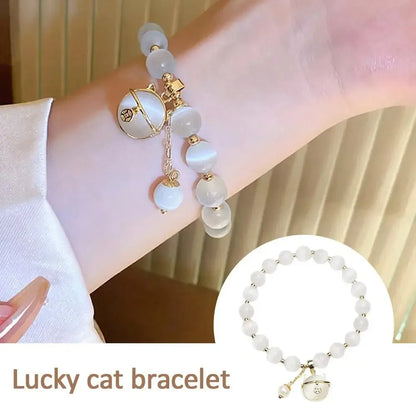 Luckacco Exquisite Opal Beaded Bracelet for Women Elegant Lucky Cat Pendant Adjustable Bracelets Fashion Friendship Jewelry Gifts