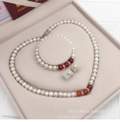 Luckacco 8-9mm Near Round White Natural Freshwater Pearl Necklace Red/Green Waterdrop Chalcedony Bracelet Earrings for Mother Jewelry Set