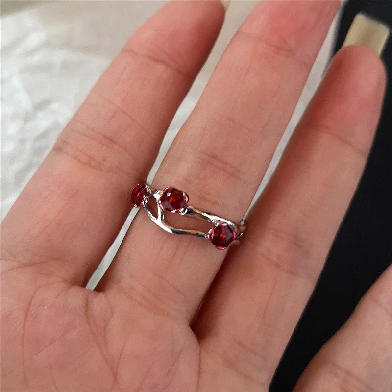 luckacco goth punk retro red crystal love heart cross geometry irregular open ring set y2k halloween accessories for women kpop jewelry