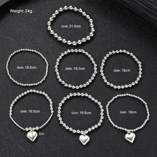 Luckacco 7Pcs/Set Chic Heart Charm Beaded Bracelet Set For Women Vintage Simple Silver Color Exquisite Multi-Layer Bracelets Jewelry Gift