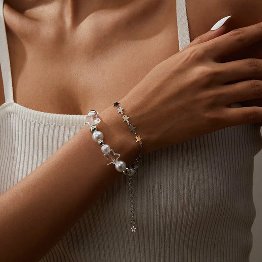 Luckacco Star Pentagram Pearl Beaded Bracelet for Women Harajuku Crystal Vintage Aesthetic Charm Double Layer Chain Bracelet Jewelry Gift