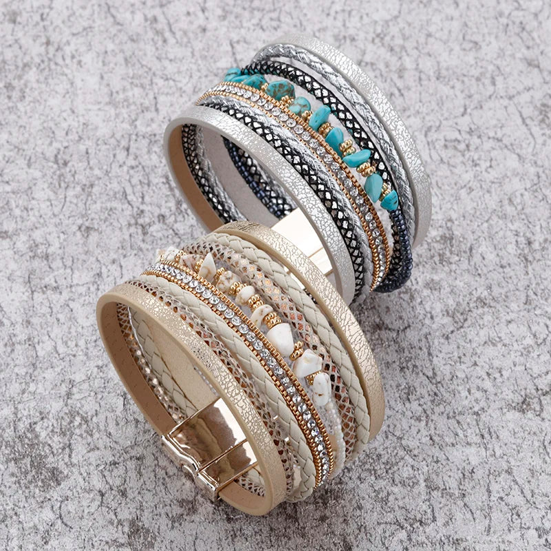 luckacco allyes natural stone leather bracelet for women charm retro multilayer crystal snake skin wide bracelets & bangles jewelry gifts
