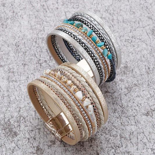 Luckacco ALLYES Natural Stone Leather Bracelet for Women Charm Retro Multilayer Crystal Snake Skin Wide Bracelets & Bangles Jewelry Gifts