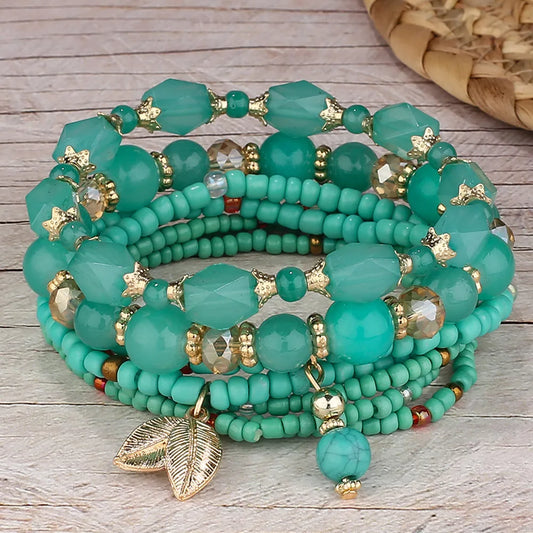 Luckacco DIEZI Korean Ethnic Bohemian Crystal Beads Leaves Charm Bracelets For Women Girls Elastic Rope Wrap Bracelet Pulseira Feminina