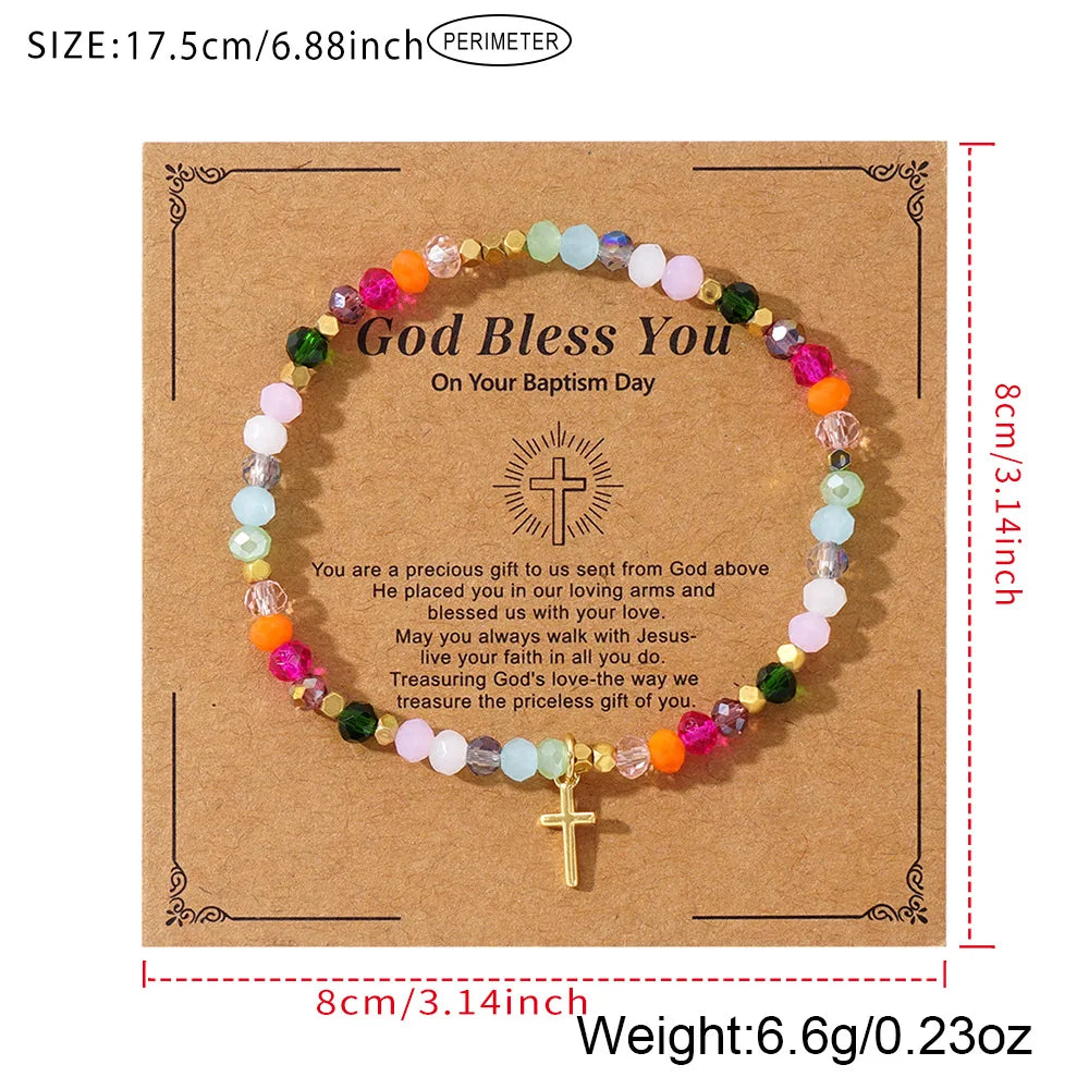 luckacco cross square crystal beads bracelet for women boho natural stone stretch beach jewelry multi-color religious baptism jewelry