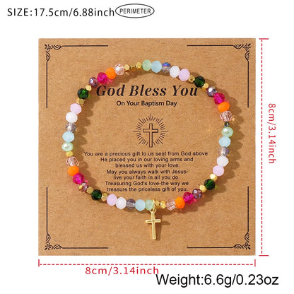 Luckacco Cross Square Crystal Beads Bracelet for Women Boho Natural Stone Stretch Beach Jewelry Multi-Color Religious Baptism Jewelry