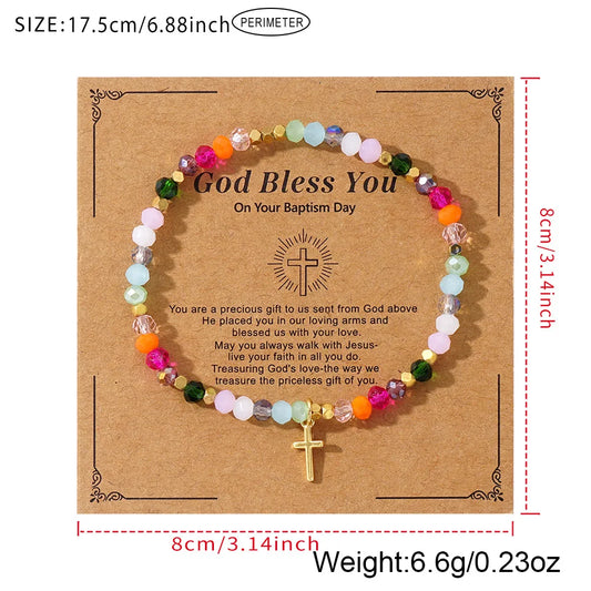 Luckacco Cross Square Crystal Beads Bracelet for Women Boho Natural Stone Stretch Beach Jewelry Multi-Color Religious Baptism Jewelry