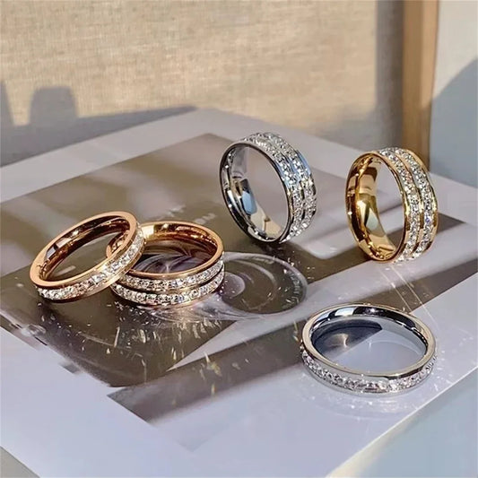 Luckacco Luxury Rose Gold Double Rowed Square Zircon Stainless Steel Ring Women's Romantic Engagement Wedding Party Jewelry Women Gift