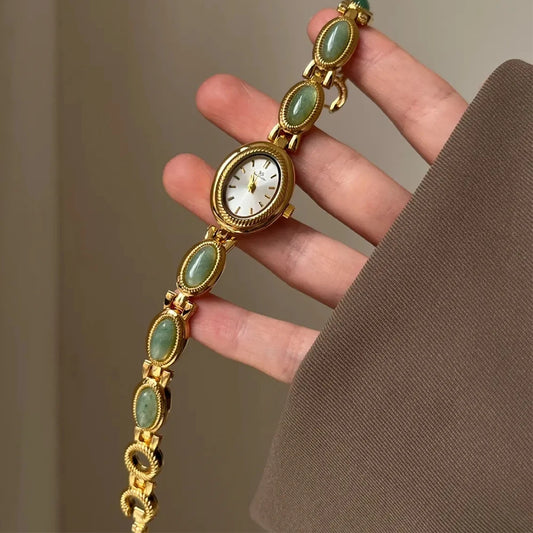 Luckacco Fashion Luxury Women's Watches Natural Gemstone Oval Dial Quartz Wristwatch Unique High-end Temperament Ladies' Watch Bracelet