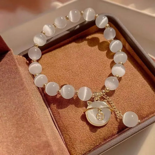 Luckacco Elegant Cat Pendant Opal Beaded Bracelet for Women Cute Handmade Beads Versatile Party Jewelry Grils Perfect Gift
