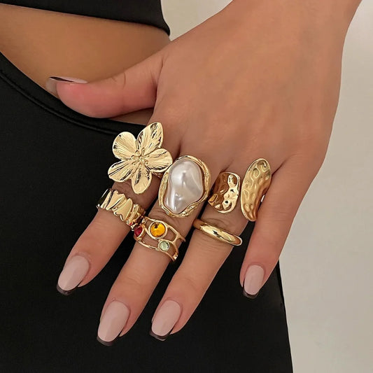 Luckacco 6pcs Set Personality Trend Liquid Metal Lava Flower Baroque Imitation Pearl Zircon Opening Rings for Women Jewelry Sets Gifts