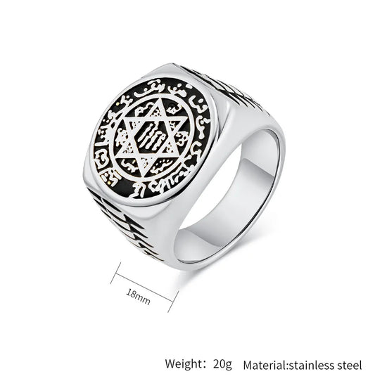 Luckacco Seal Solomon Six-Pointed Star 12 Constellation Mens Womens Stainless Steel Talisman Health Prosperity Ring