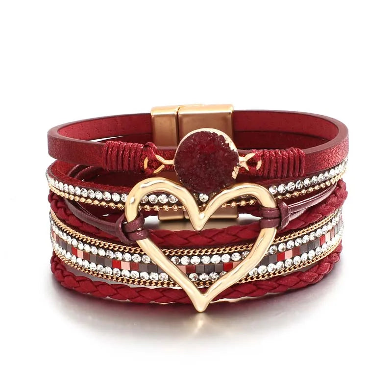 luckacco amorcome fashion braided leather wrap bracelets bangles multilayer resin stone hollow heart charm bracelets women gift pulseira