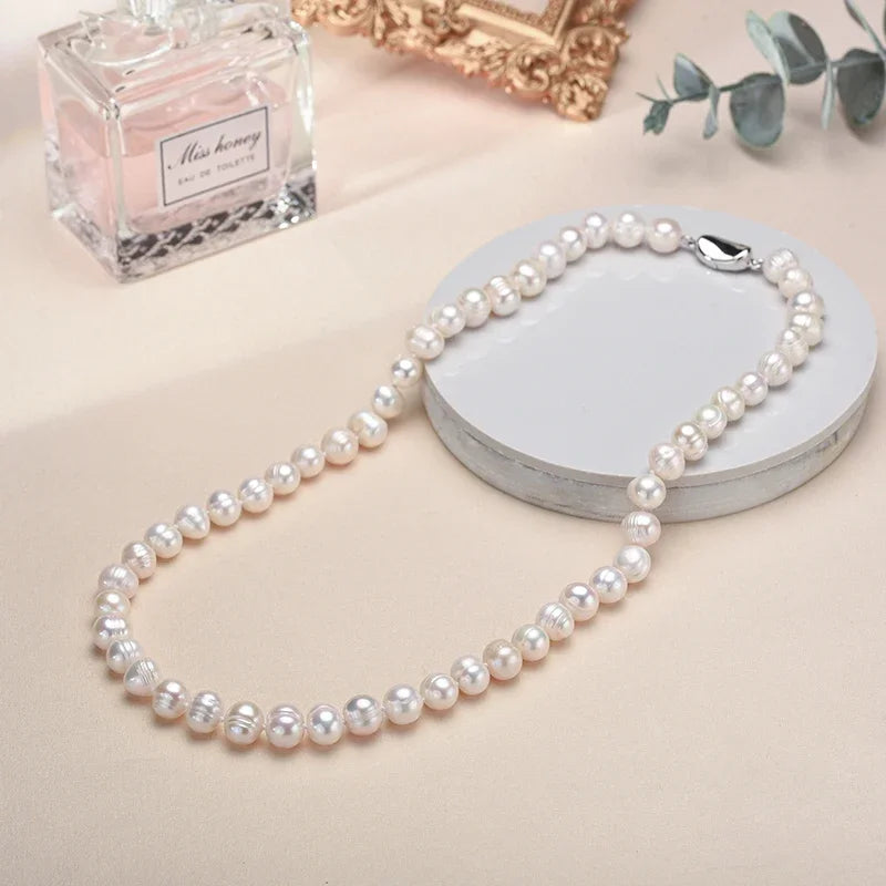 luckacco new hot real white freshwater cultured pearl necklaces for women girl gift, 925 sterling silver women's baroque pearl necklace