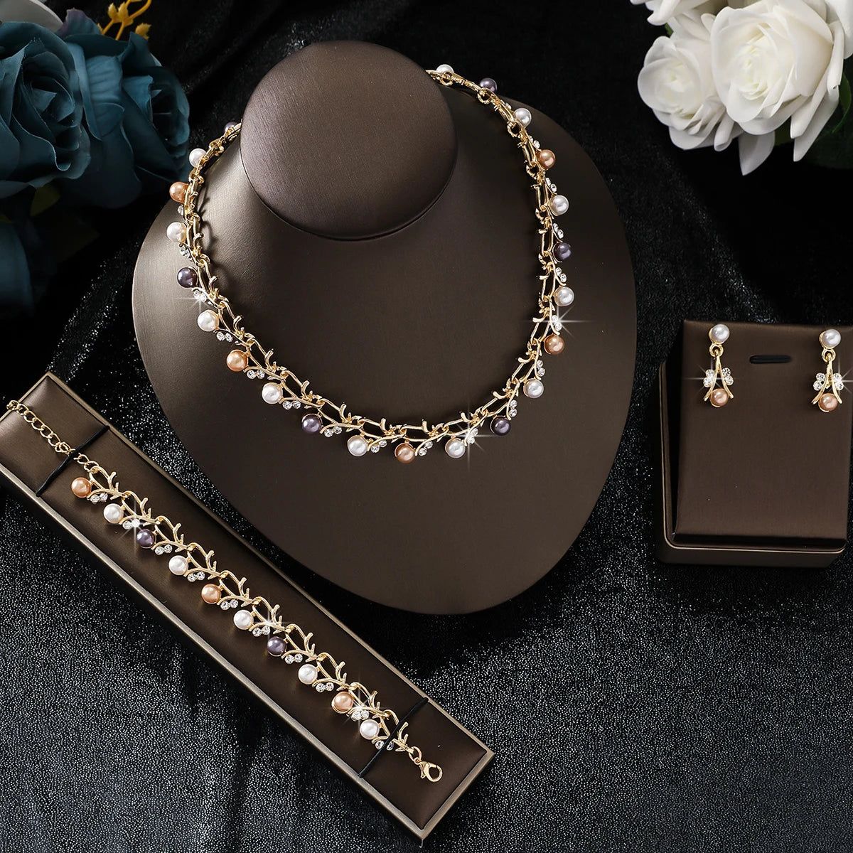 luckacco 4pcs women's jewelry set with pearl rhinestone necklace, earrings, bracelets, bride's wedding accessories