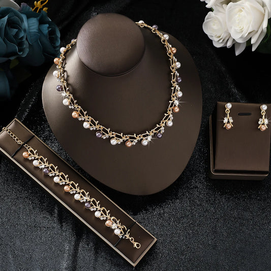 Luckacco 4pcs women's jewelry set with pearl rhinestone necklace, earrings, bracelets, bride's wedding accessories