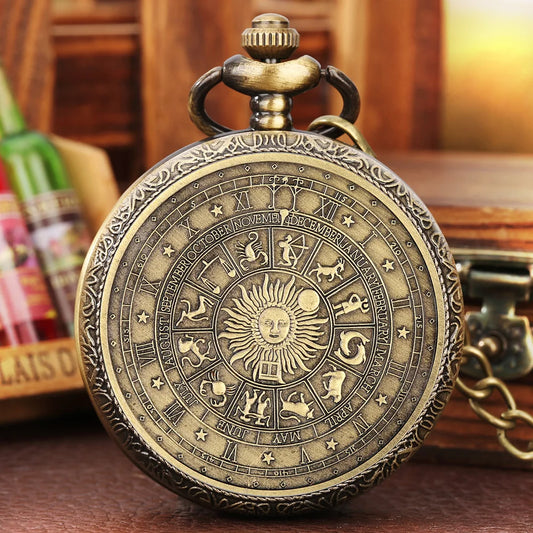 Luckacco Bronze Vintage Tarot Commemorative Pattern Pocket Watch Constellation Lucky Sun Moon Necklace Memorial For Male Kids Relogio Saa