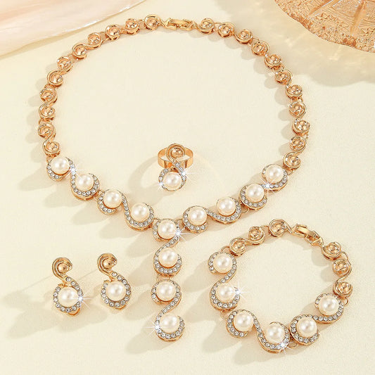 Luckacco 5 PCS Women's Metal Jewelry Set Pearl Necklace Earring Bracelet Set Holiday Party Jewelry Bridal Wedding Jewelry