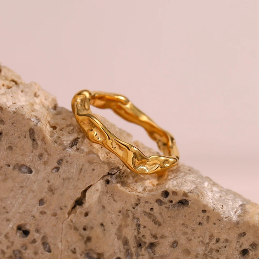 Luckacco Casting Irregular Water Wave Hammered Gold Plated Index Finger Rings For Woman Minimalist Basics Stainless Steel Rings Jewelry