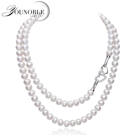 Luckacco Natural Fresh Water Pearl Pearl Necklace Long For Girls,Bridal Cultured White Pearl Necklace Virgin Wife Mother Birthday Gifts