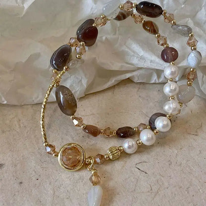 Luckacco Fashion Double Layered Crystal Pearl Splicing Beaded Bracelets for Women Ethnic Crystal Beads Wrap Bracelet Bangle Jewelry Gifts