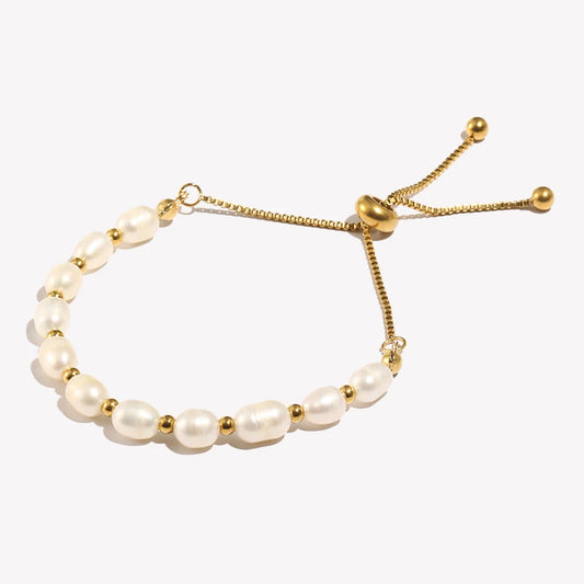 Luckacco E.B.belle Gold Color Beads Freshwater Pearls Mixed Adjustable Stainless Steel Chain Bracelet Bangles For Women Elegant Jewelry