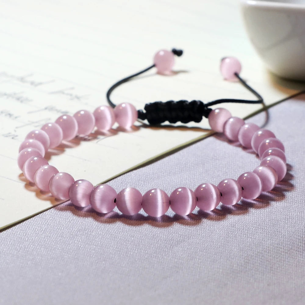 luckacco natural cat eye stone bracelet & bangle for women brief white pink opal beads yoga balance jewelry lucky wristband handmade gift