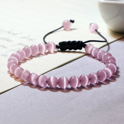 Luckacco Natural Cat Eye Stone Bracelet & Bangle for Women Brief White Pink Opal Beads Yoga Balance Jewelry Lucky Wristband Handmade Gift