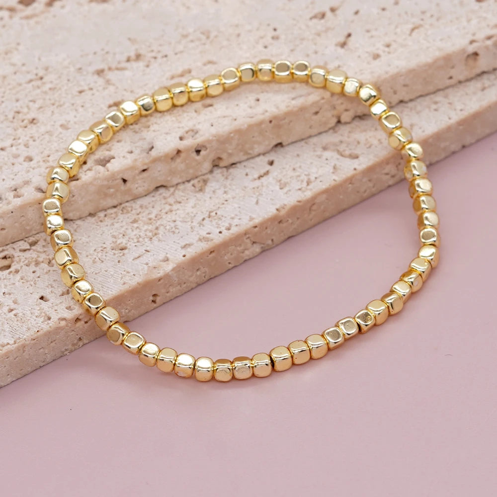 luckacco 1pc square hematite stone bracelets golden beaded stacking elastic stretch handmade fashion unisex jewelry hawaii trendy