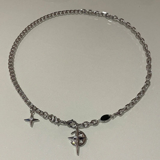 Luckacco JWER New Y2K Cuban Figaro Chain Star Moon Pendant Necklace Men Punk Black Zircon Chain Choker Necklace For Men Jewelry Gifts