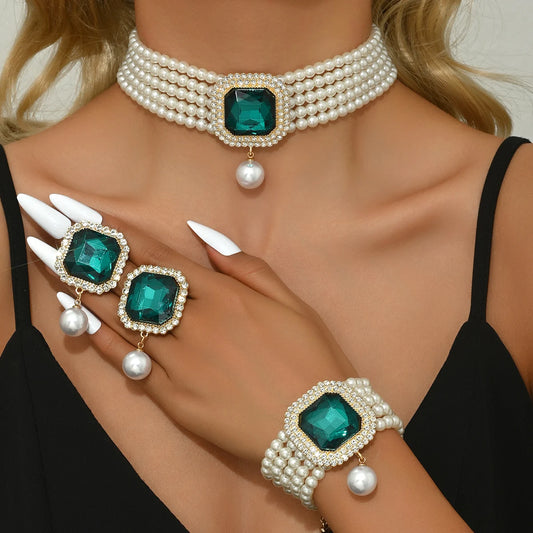 Luckacco Women's Fashion Light Luxury Short Style Imitation Pearl Rhinestone Necklace Earrings Bracelet Jewelry Set Party Festival Gift