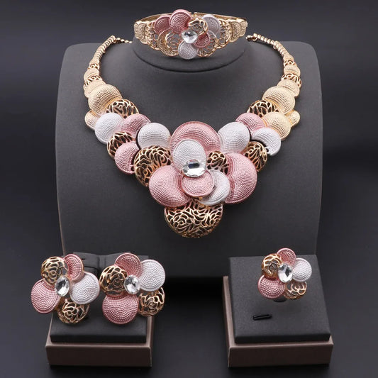 Luckacco Fashion African Jewellery Set Dubai Gold Color Jewelry Sets Women Customer Nigerian Wedding Flower Design Gift