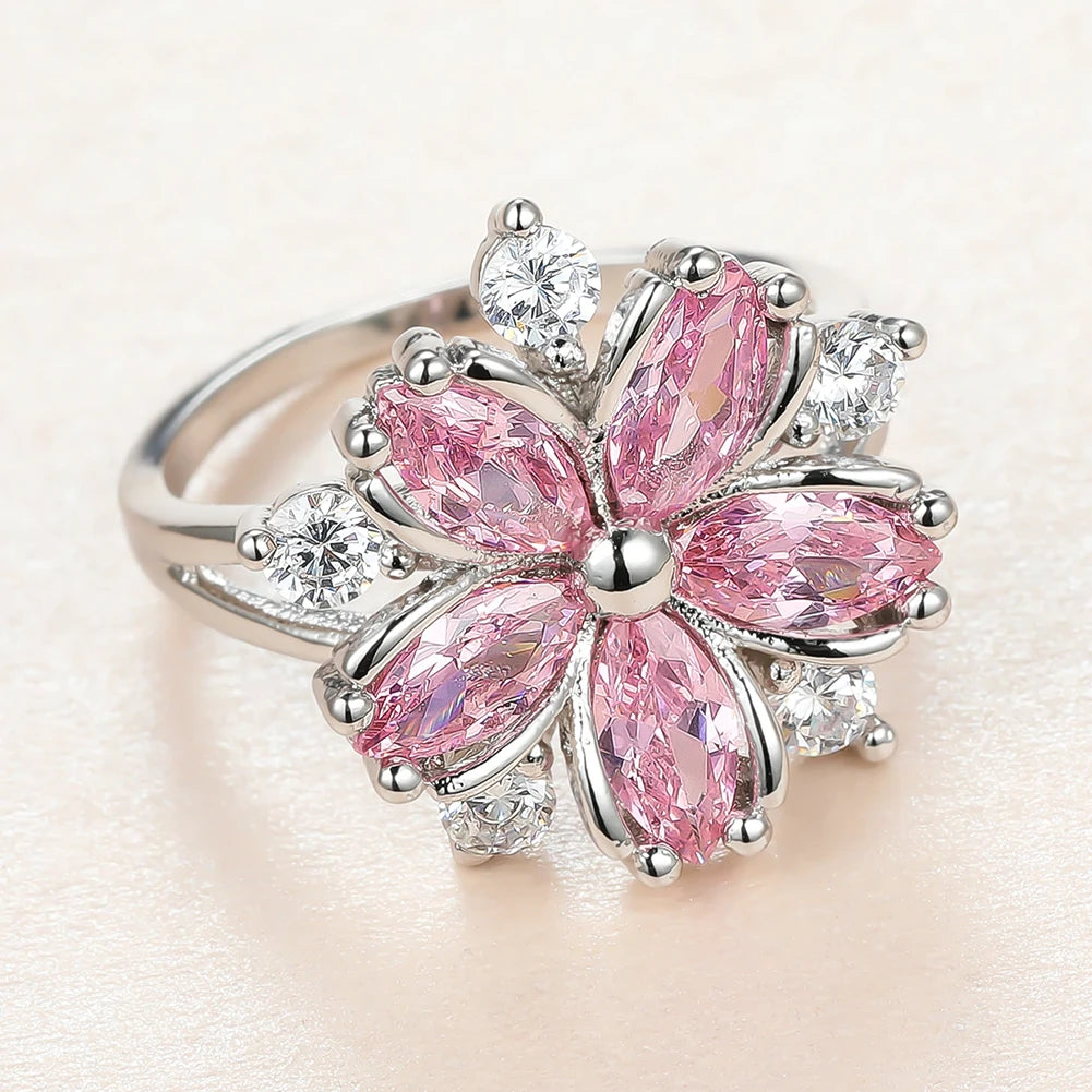 luckacco cute female pink crystal stone ring charm silver color thin wedding rings for women dainty bride flower zircon engagement ring