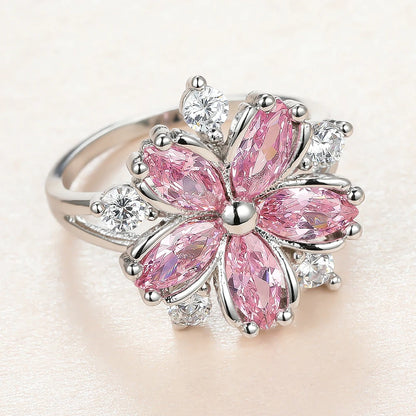 Luckacco Cute Female Pink Crystal Stone Ring Charm Silver Color Thin Wedding Rings For Women Dainty Bride Flower Zircon Engagement Ring