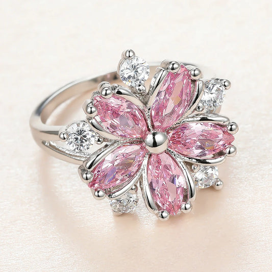 Luckacco Cute Female Pink Crystal Stone Ring Charm Silver Color Thin Wedding Rings For Women Dainty Bride Flower Zircon Engagement Ring