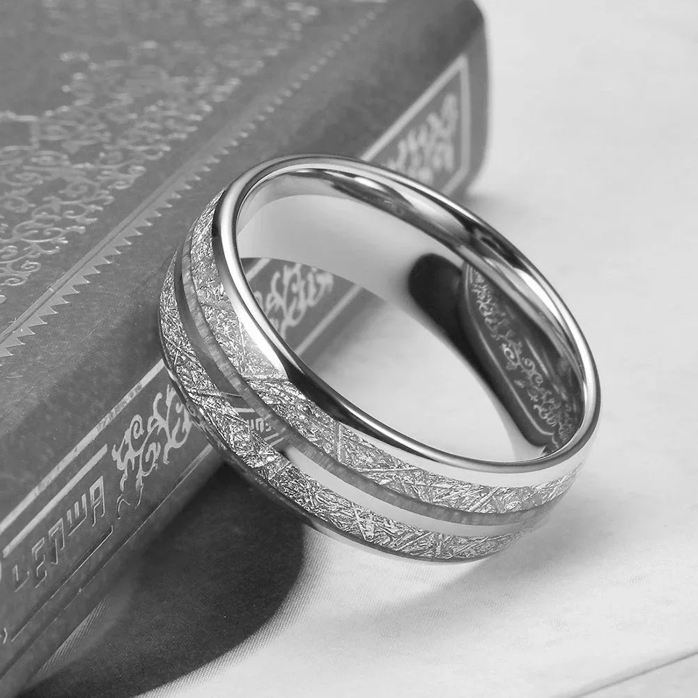 luckacco fashion 8mm silver color stainless steel rings for men double groove meteorite inlay dome men finger ring wedding band jewelry