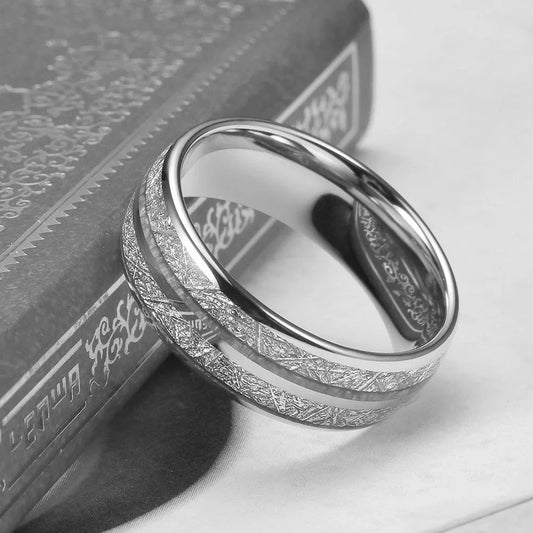 Luckacco Fashion 8mm Silver Color Stainless Steel Rings for Men Double Groove Meteorite Inlay Dome Men Finger Ring Wedding Band Jewelry
