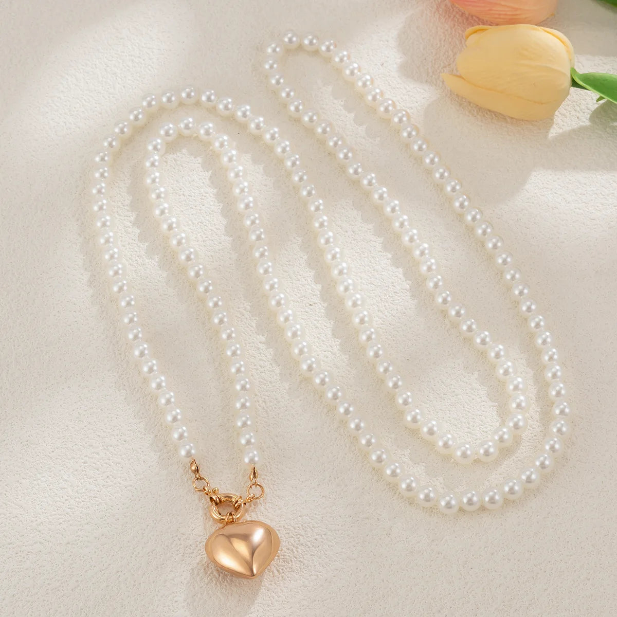 luckacco boho heart shaped pendant necklace 2025 women's simple sweet long imitation pearl beads girl wedding fashion jewelry