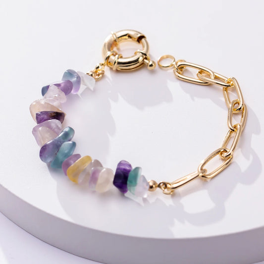 Luckacco Women Fashion Half Stainless Steel Chain Half Purple Natural Crushed Stone Bracelet HD127